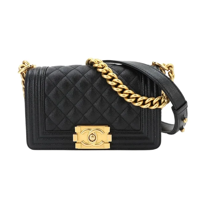 Chanel Boy Small Chain Shoulder Bag Caviar Leather Black Gold in Black Caviar leather from The Reluxe