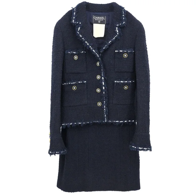 Chanel 1994AW Boutique Museum Navy Jacket Skirt Set Braided Trim CC Buttons #40 in Navy Wool from AMORE Vintage Tokyo