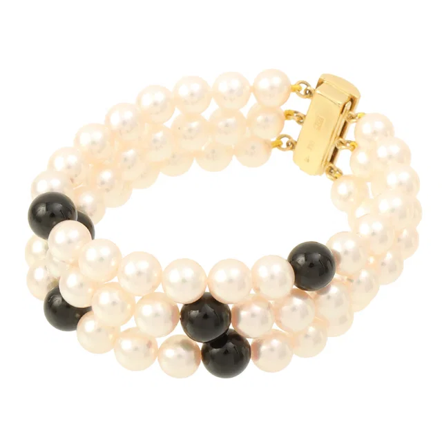 Mikimoto 18K Diamond Triple Pearl Bracelet Yellow Gold/White in White from VINTAGE QOO TOKYO