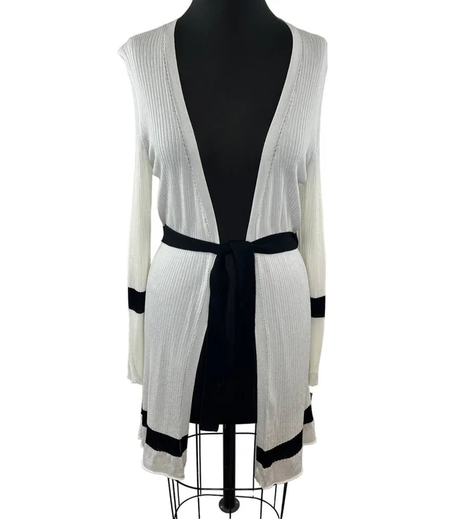 Max Mara Black Trim Tie-Waist Ribbed Midi Duster Jacket Cardigan Sweater S in white from Poshmark