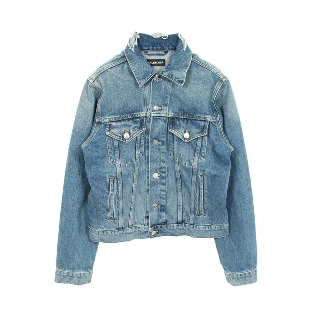 Balenciaga Jacket Campaign Logo Distressed in Denim from The Reluxe