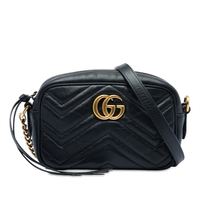 Black Gucci Mini GG Marmont Matelasse Calfskin Crossbody in Black Calfskin from Designer Revival