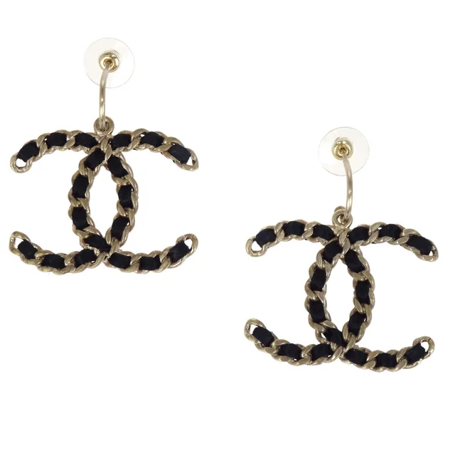 Chanel Dangle CC Pierced Earrings Leather Gold Black 09C in Black Leather from AMORE Vintage Tokyo