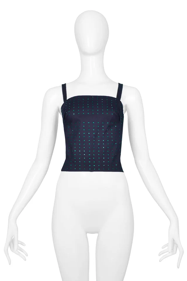 Miu Miu Dark Navy Top With Green Rhinestones 1998 in Navy from Resurrection Vintage
