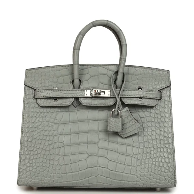 Hermès Birkin Sellier 25 Gris Ciment Matte Alligator Palladium Hardware in Grey Crocodile from Madison Avenue Couture