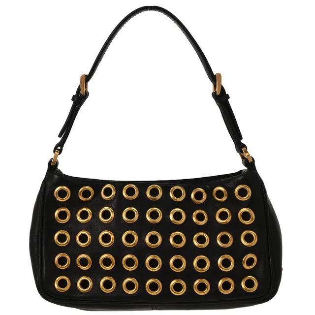 Prada Black Leather Metal Grommet Handbag in Black Leather from AMORE Vintage Tokyo