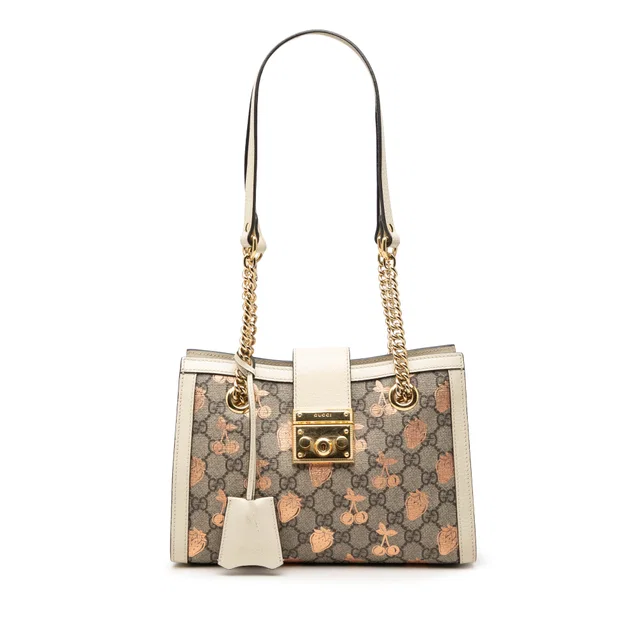 Beige Gucci Small GG Supreme Berry Padlock Tote in Beige Coated canvas from Designer Revival