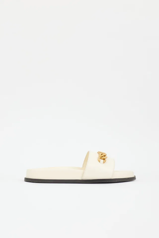 Valentino Garavani Leather & Rubber VLogo Chain Slide in Leather from VSP Consignment