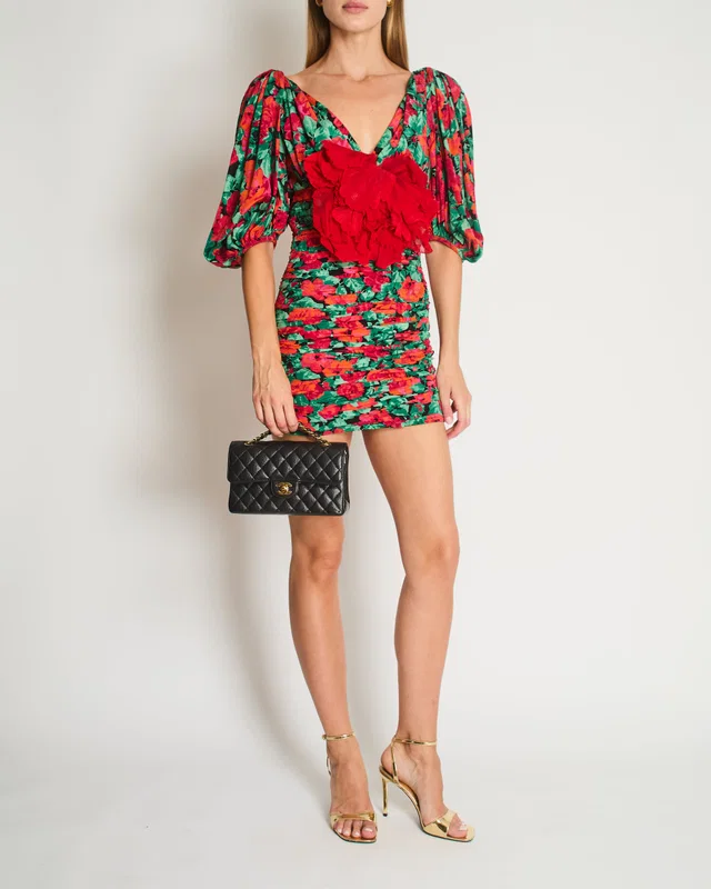Gucci Red & Green Flower Print Mini Dress with Red Rose Appliqué Detail Size IT 38 (UK 6) in Red from Sellier