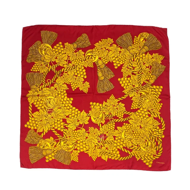 Chanel Vintage Cocomark Rope Pattern Scarf Red Gold Silk in Red Silk from Luxury Promise