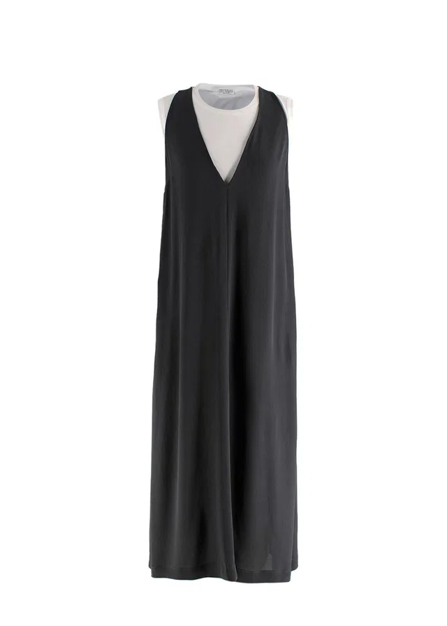 Brunello Cucinelli Double Layer White and Grey Crepe Dress in White from HEWI