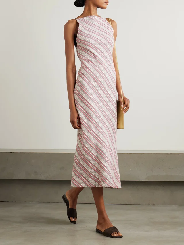 FAITHFULL Lison open-back striped linen and cotton-blend midi dress in Pink, photo 2 of 2 from NET-A-PORTER (Canada)