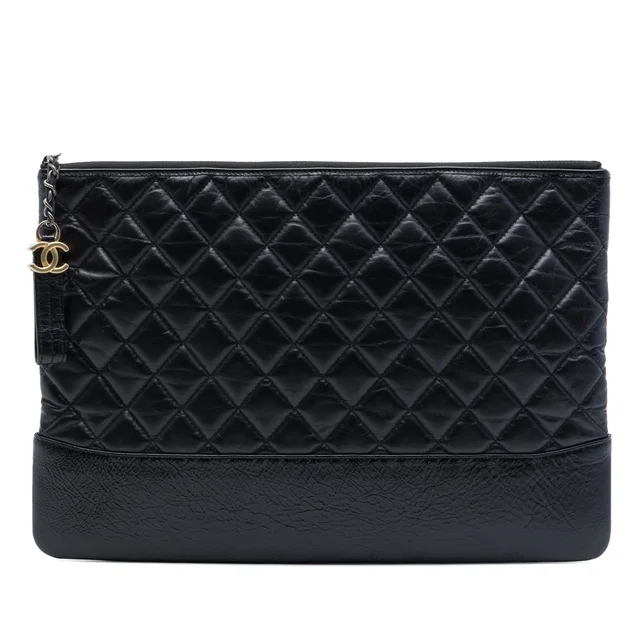 Black Chanel Large Aged Calfskin Gabrielle O Case Clutch in Black Calfskin from Designer Revival