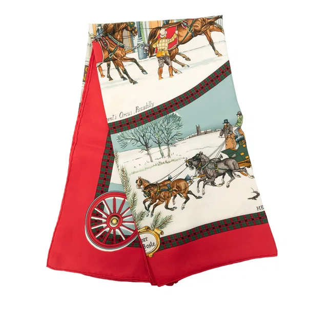 Red Hermès L Hiver En Poste Silk Scarf 90 Scarves in Red Silk from Designer Revival
