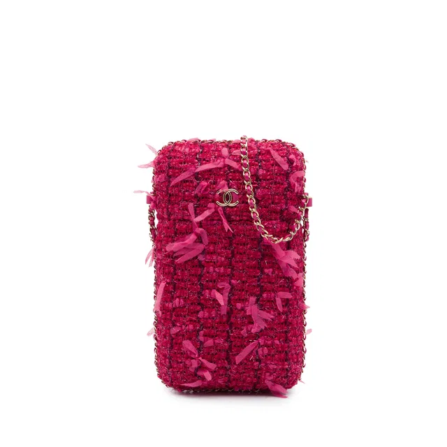 Pink Chanel Tweed Chain Around Phone Holder Crossbody Bag in Pink Tweed from Designer Revival