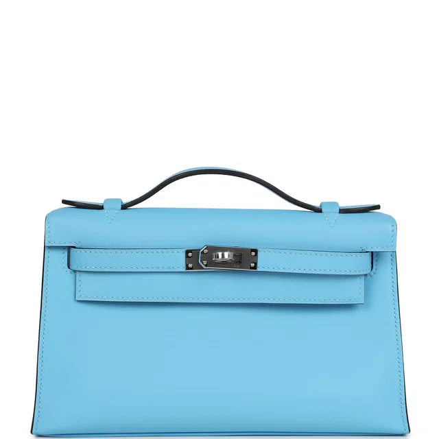 Hermès Kelly Pochette Celeste Swift Palladium Hardware in Swift leather from Madison Avenue Couture