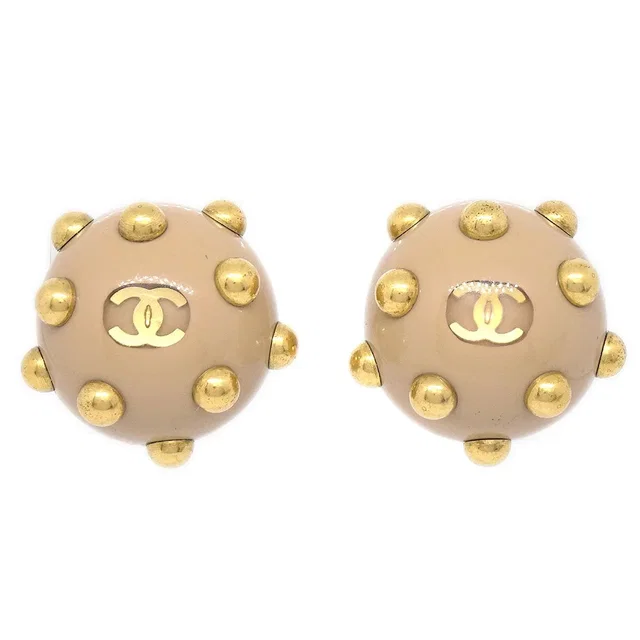 Chanel 2000 Studded Earrings Beige Gold Clip-On in Beige from AMORE Vintage Tokyo