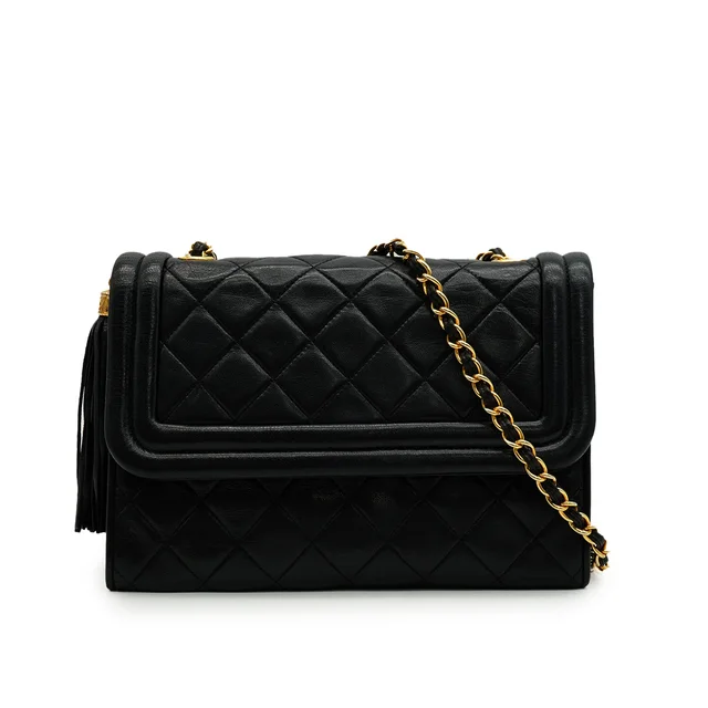 Chanel Vintage Matelasse Fringe Chain Shoulder Bag Black Lamb Skin Gold Hardware from Luxury Promise