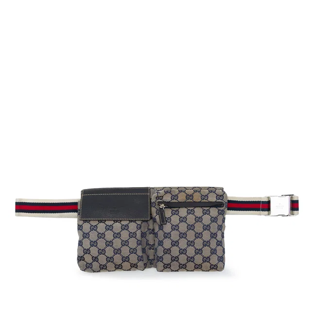 Beige Gucci GG Canvas Web Double Pocket Belt Bag in Beige Canvas from Designer Revival