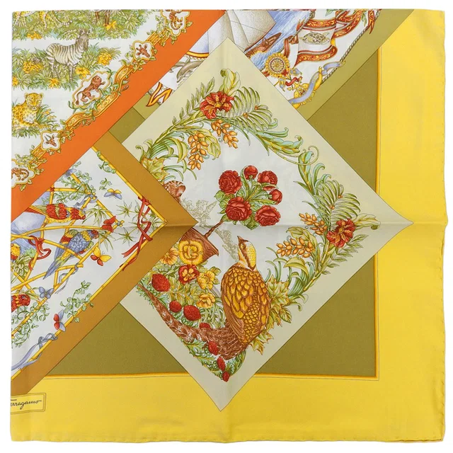 Ferragamo Safari Pattern Scarf Gold/Multi-color in Gold Silk from VINTAGE QOO TOKYO