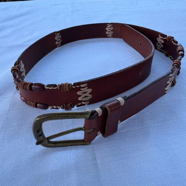 Omega Vintage Leather Belt L Brown Boho Wood Bead Whipstitch Western 90s Turkey in brown|red Leather from Poshmark