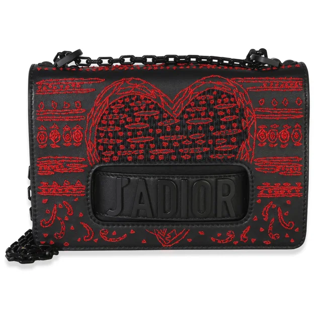 Dior Black Red Embroidered Heart Clover Beaded JAdior Chain Flap Bag in Black Suede from myGemma