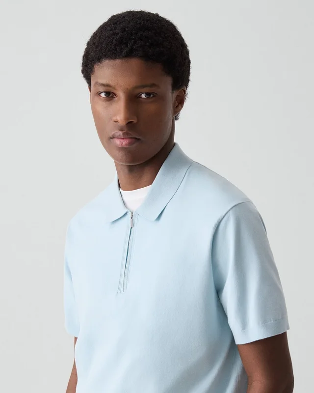 Theory Quarter-Zip Polo Shirt in Light Bilen in LIGHT OCEAN AIR 62% Viscose, 38% Polyester; Exclusive Of Elastic, photo 11 of 12 from Theory