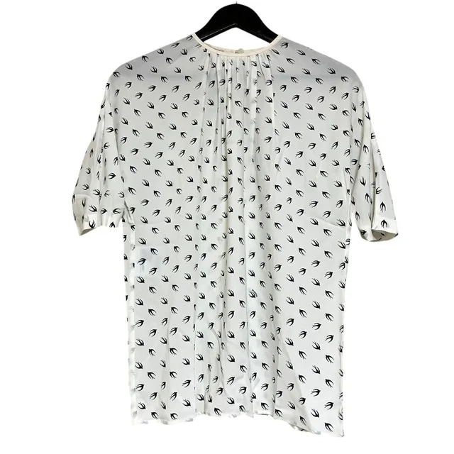 Miu Miu Swallow Print Gathered Neck Short Sleeve Blouse 36 White in White from The Reluxe