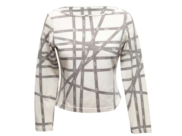 Vintage White & Grey Hermes Bolduc Ribbon Print Long Sleeve Top Size US S in White from Designer Revival