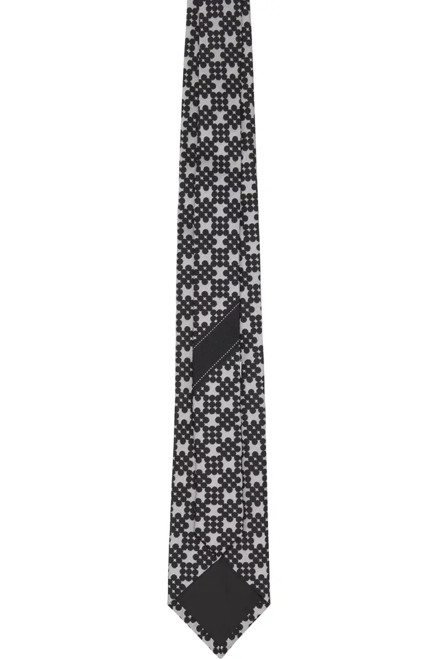 Dries Van Noten Black & Gray Printed Silk Tie, photo 2 of 3 from SSENSE