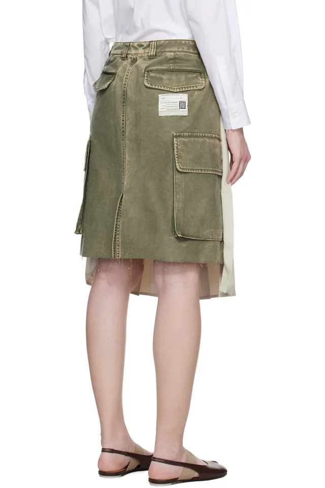Maison MIHARA YASUHIRO Green & Beige Combined Pleats Cargo Midi Skirt, photo 3 of 3 from SSENSE