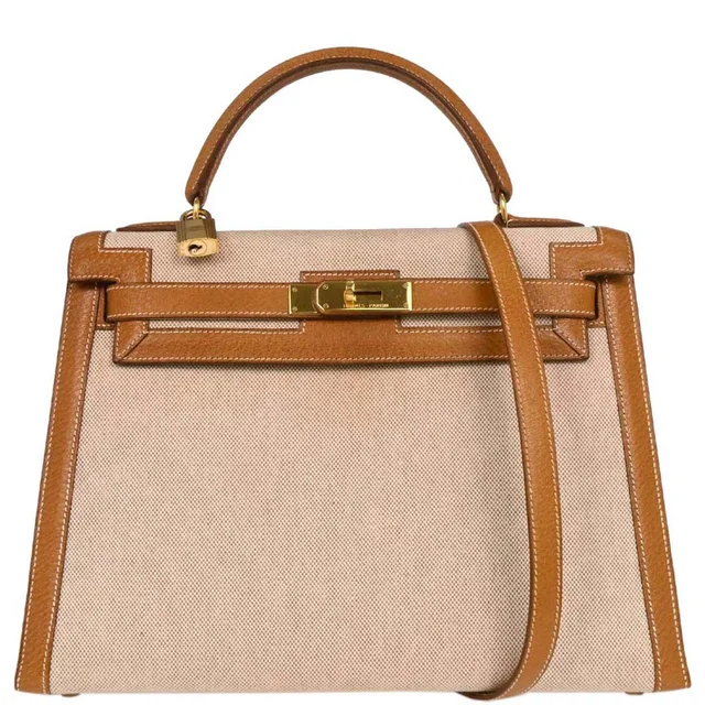 Hermès Beige Gold Toile H Pigskin Kelly 32 Sellier Handbag in Beige from AMORE Vintage Tokyo