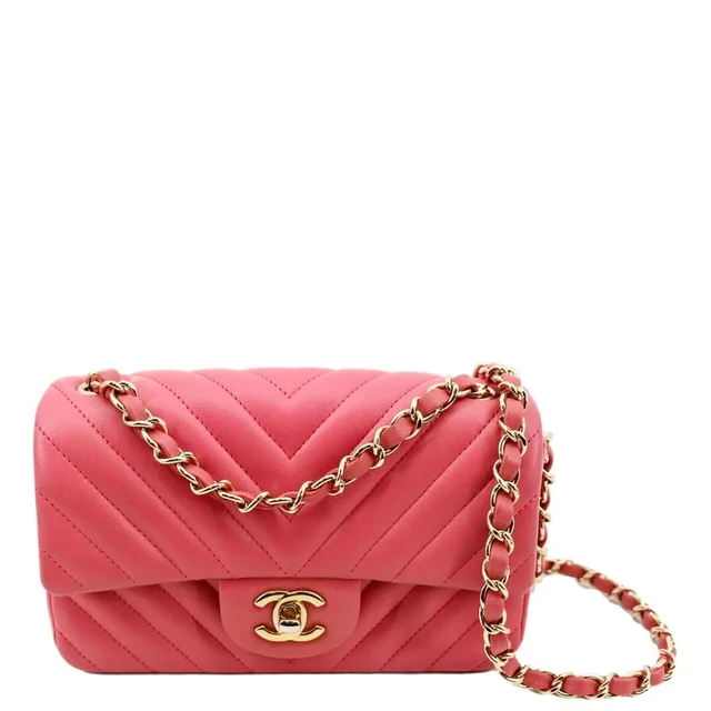 Chanel Timeless Classic Square Flap Chevron Calfskin Leather Crossbody Bag Pink in Pink Calfskin from Dallas Designer Handbags