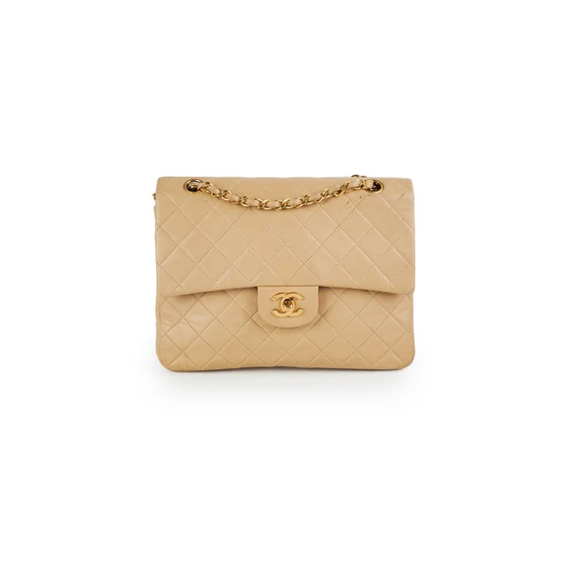 Chanel Vintage Square Double Flap Beige Lambskin - Series 1 in Beige Lambskin from The Purse Affair