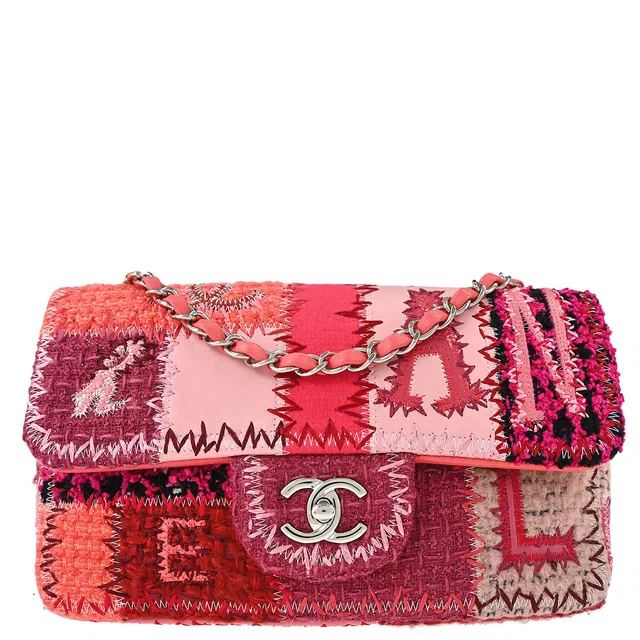 Chanel 2017 Pink Tweed Patchwork Shoulder Bag in Pink Tweed from AMORE Vintage Tokyo