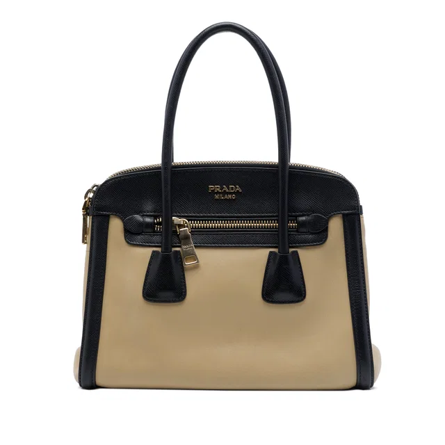 Black Prada Saffiano Trimmed Nappa Convertible Tote Satchel in Black Saffiano leather from Designer Revival