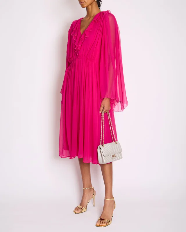 Gucci Fuchsia Silk Long Sleeve Midi Dress with V-Neck and Frill Detail Size IT 46 (UK 14) in Pink Silk from Sellier