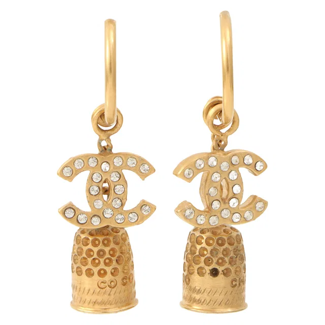 Chanel 2003 Rhinestone Bell Motif CC Mark Hoop Earrings Gold in Gold from VINTAGE QOO TOKYO
