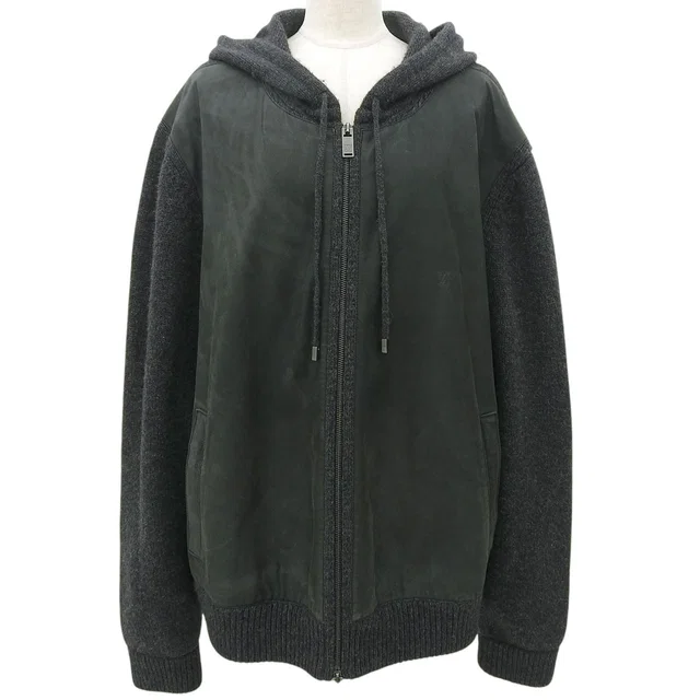 Louis Vuitton 2005 Calfskin Switching Logo Zip-Up Blouson #L Gray/Khaki in Green Calfskin from VINTAGE QOO TOKYO