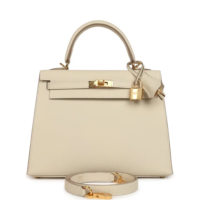 Hermès Kelly Sellier 25 Craie Epsom Gold Hardware in White Epsom leather from Madison Avenue Couture