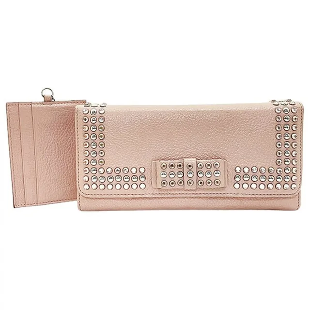 Miu Miu Miu Bijou Studded Ribbon Bi-Fold Long Wallet, Leather, Beige Pink in neutral|white Leather from Grailed