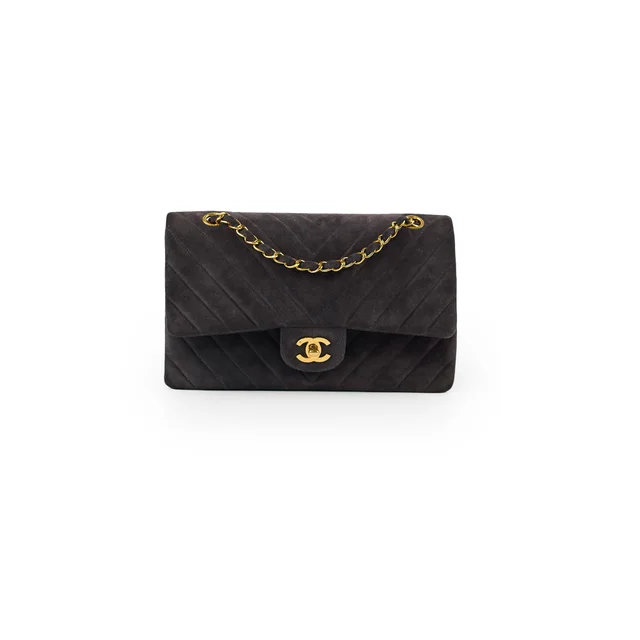 Chanel Vintage Chevron Suede Medium Black Classic Flap in Black Suede from The Purse Affair