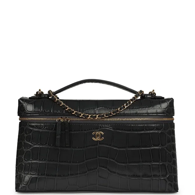 Chanel Large Top Handle Long Vanity Case Grey Croc Embossed Calfskin Gold Hardware in Grey Calfskin from Madison Avenue Couture