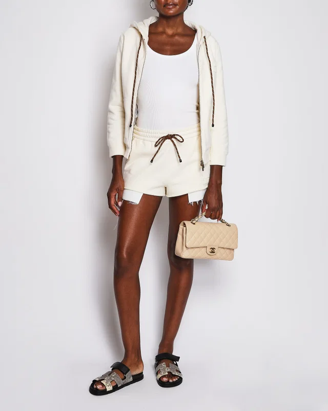 Miu Miu Cream Zip-Up Hoodie and Shorts Set with Brown Drawstrings and Frayed Hems Detail and… in Brown from Sellier