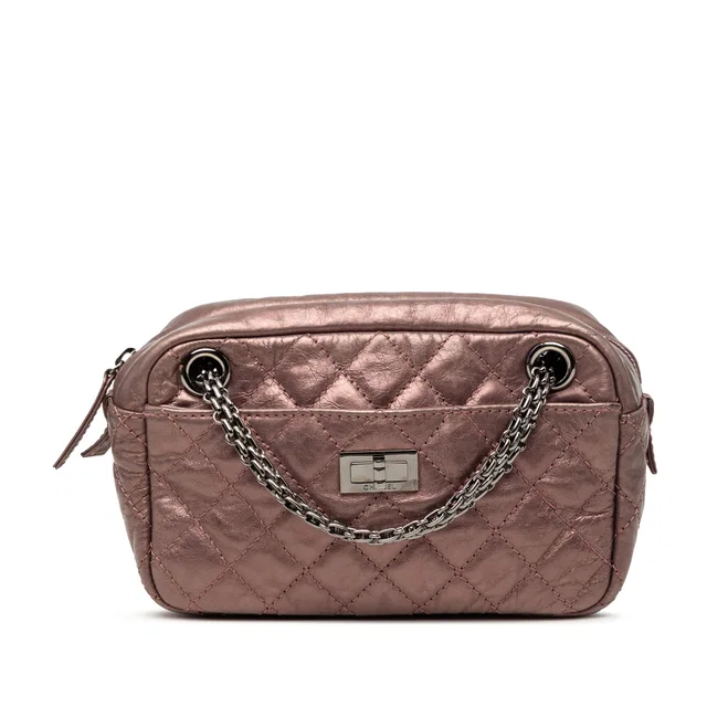 Pink Chanel Small Metallic Quilted Aged Calfskin Reissue Camera Bag in Pink Calfskin from Designer Revival