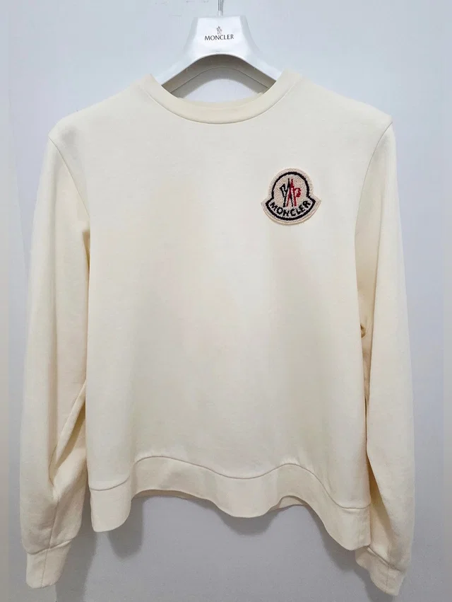 Moncler Cream Crewneck Sweatshirt With Logo Emblem Size Medium in red from Poshmark, photo 1 of 1