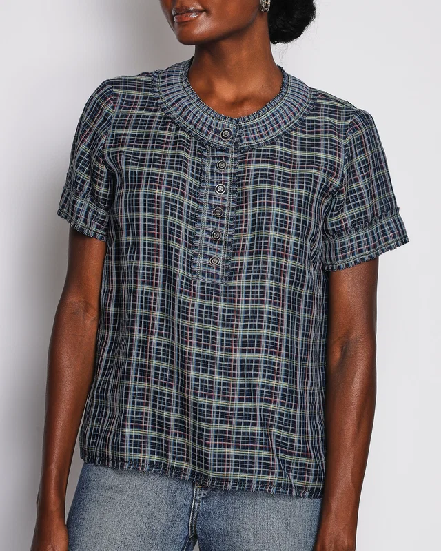 Chanel Navy Checkered Short Sleeve Blouse with CC Button Detail Size FR 36 (UK 8) in Navy Silk from Sellier