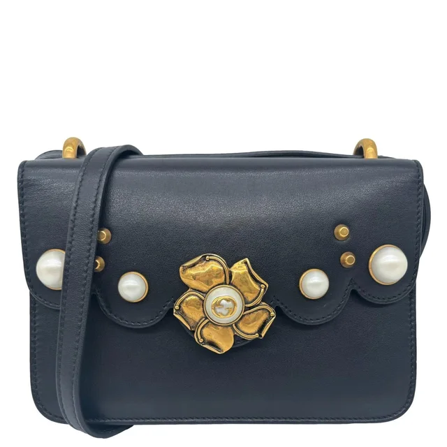 Gucci Pearly Peony Leather Chain Shoulder Bag Black 432682 in Black Leather from Dallas Designer Handbags
