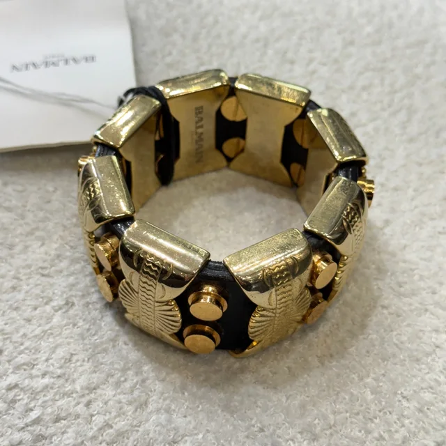 Balmain Vintage Gold Metal Leather Chunky Bracelet in Gold Leather from Revivre Luxury Consignment