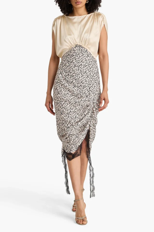 Commission Cavalier Floral-Print Satin-Paneled Crepe Midi Dress in Off White, photo 2 of 4 from THE OUTNET